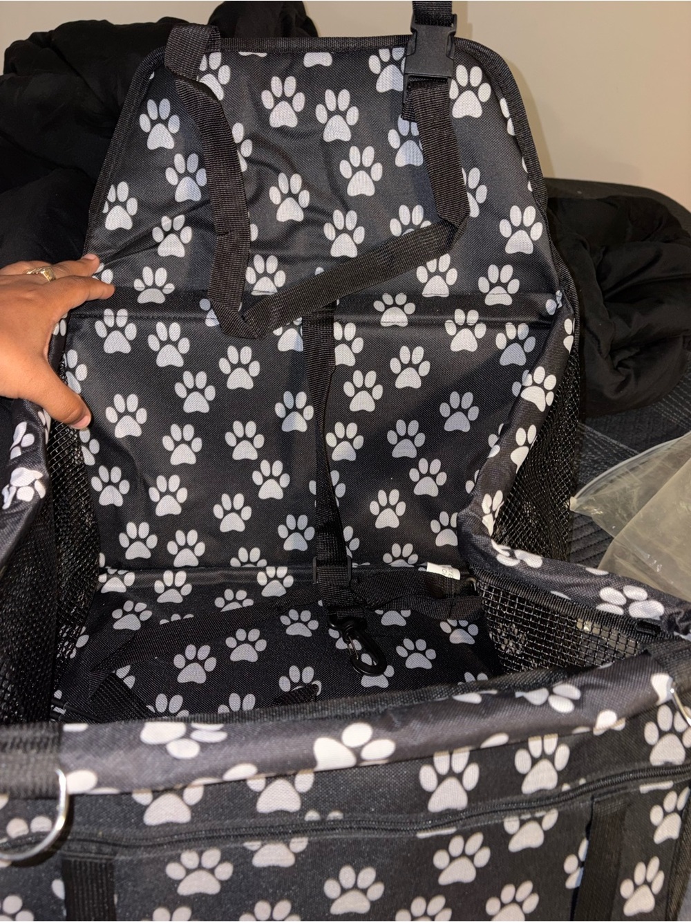 Black Paw-Print Pet Carrier with Safety Strap